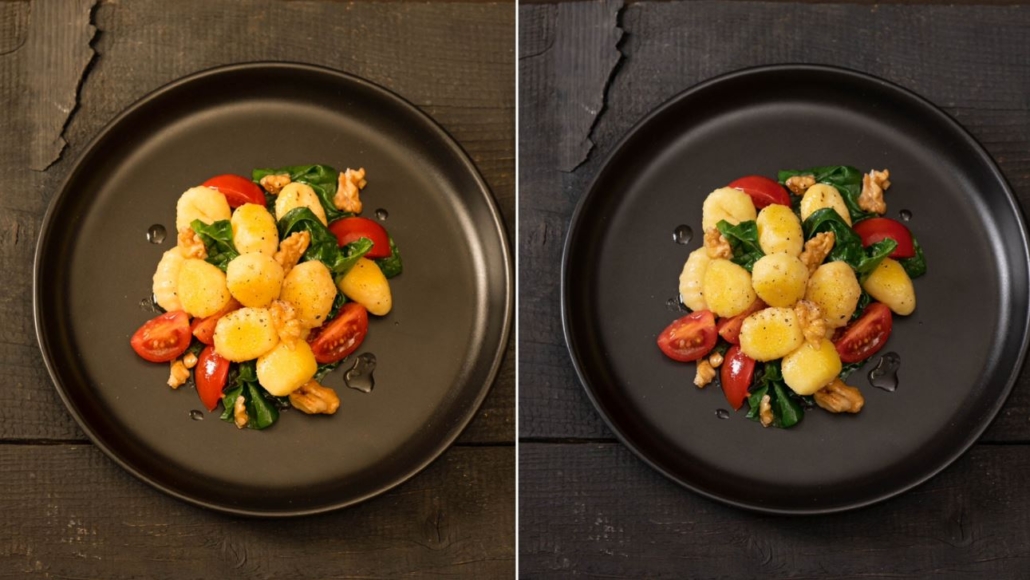 Rätt ljus över matbordet - bilden av en sallad bred på en tallrik i två olika ljus - varmt och kallt ljus gör skillnad i hur maten uppfattas av ögat